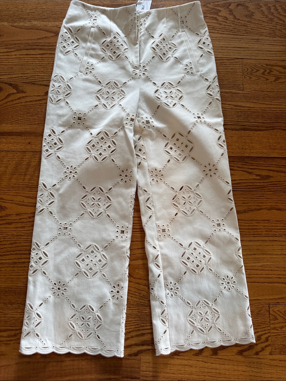 Veronica Beard White Eyelet Cropped Wide-Leg Jeans